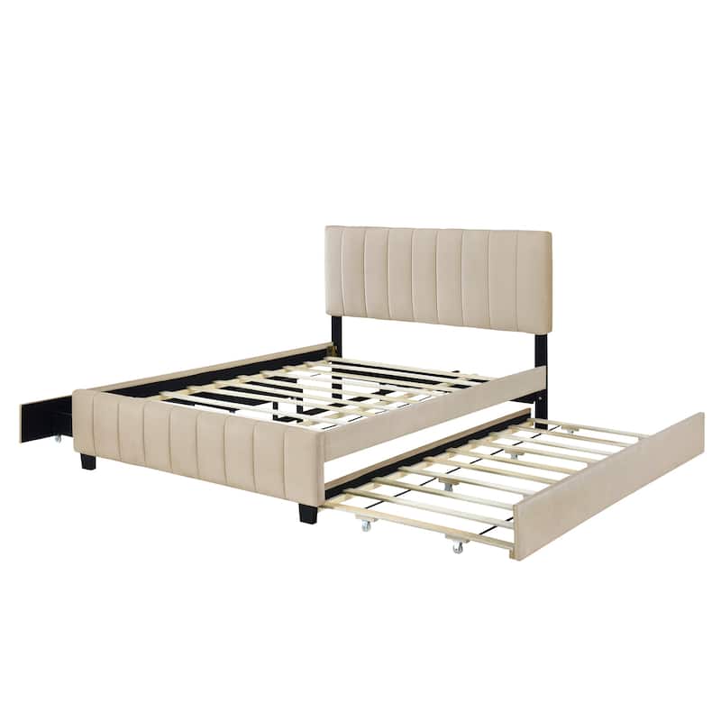 Queen Velvet Upholstered Platform Bed with Drawers & Trundle