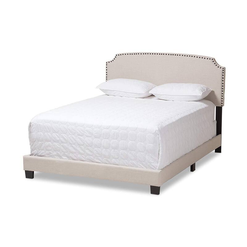 Queen Size Bed Modern Upholstered Beige Fabric Bed Frame Contemporary Design Nailhead Trim