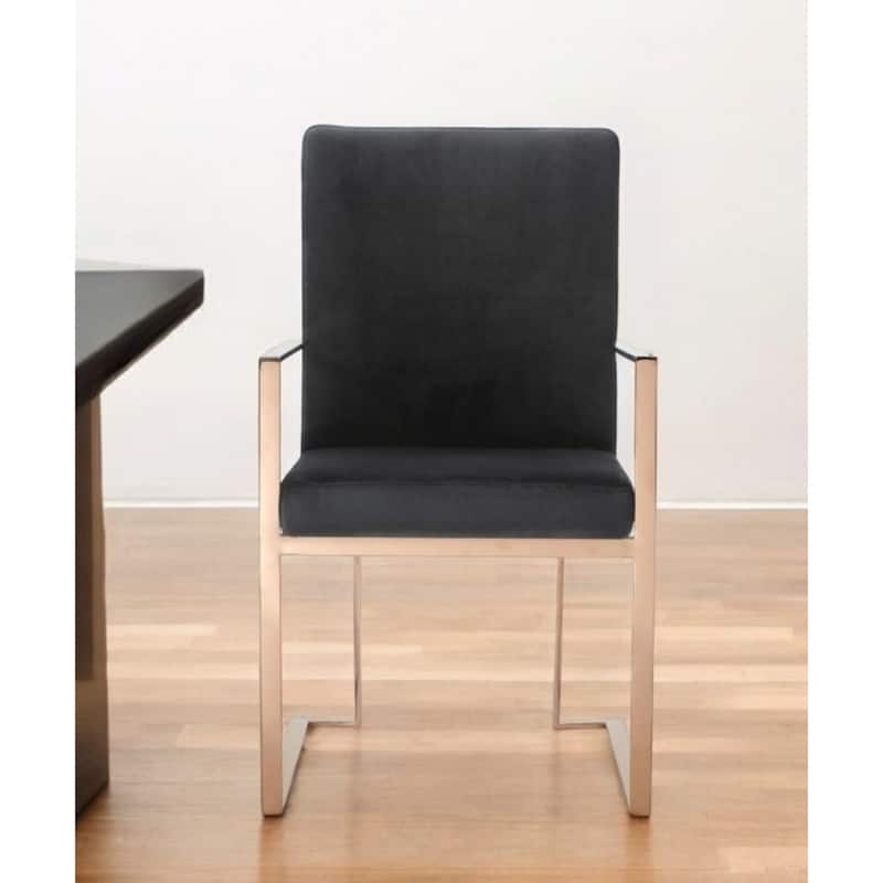 Modern Black Upholstered Fabric Seat Arm Dining Chair with Gold Stainless Steel Legs Solid Back Support - 38”H x 22”W x 24”D