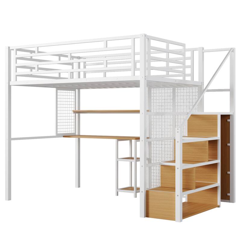 Full Size White Metal Loft Bed with Built-in Wardrobe, Desk & Storage Shelves