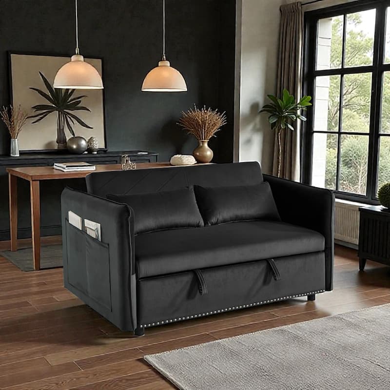 3 in 1 Convertible Sleeper Sofa Bed, Velvet Futon Loveseat with Pull Out Bed, Adjustable Backrest and Side Pockets - Black