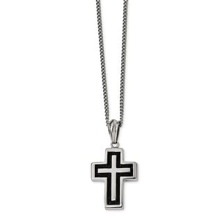 Stainless Steel Polished & Antiqued Cross in Circle 22in Necklace