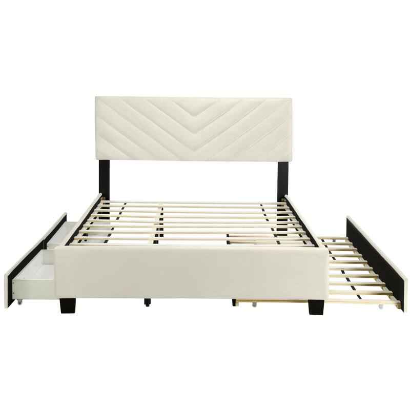 Twill Upholstered Bed with Twin Trundle & Drawers, Queen Size, Beige