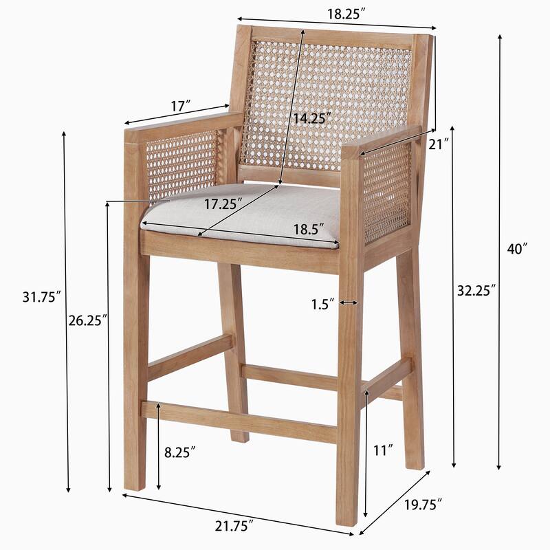 Christopher Knight Home - French Country Wood & Rattan Counter Stools with Upholstered Seat and Arms - Set of 2