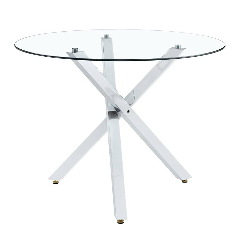 Round glass dining table suitable for 2-4 people diameter 39 inches, height 30 inches, X-shaped silver metal frame