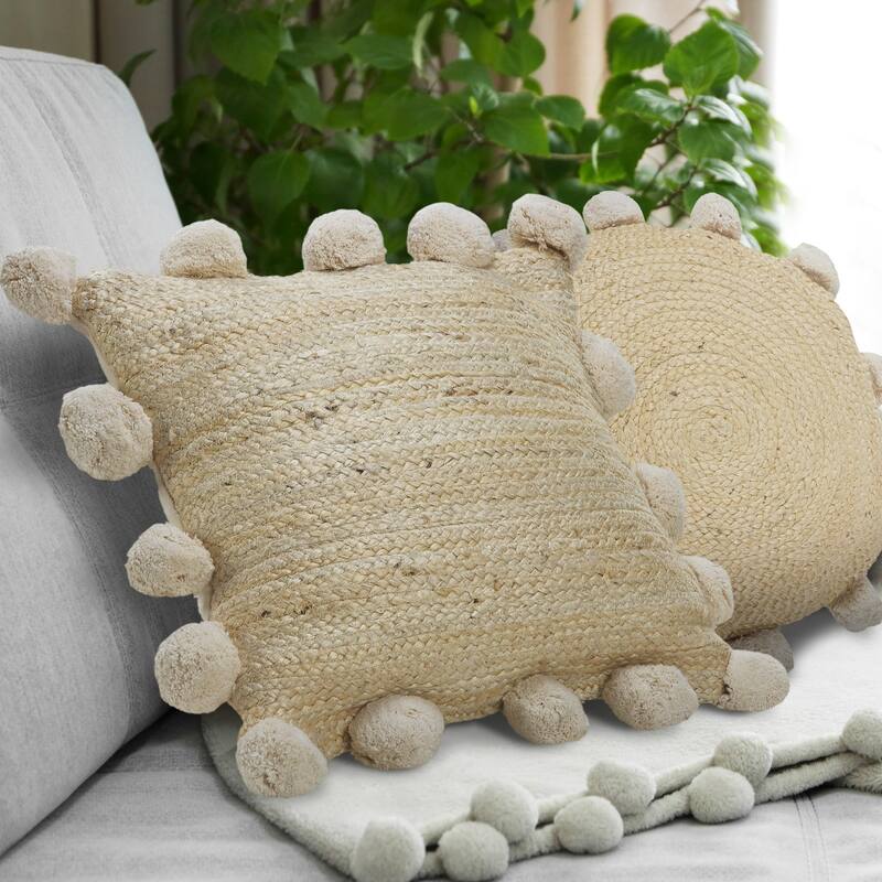 Handwoven Solid Square Throw Pillow Cover with Pom Poms - 20" - Cream