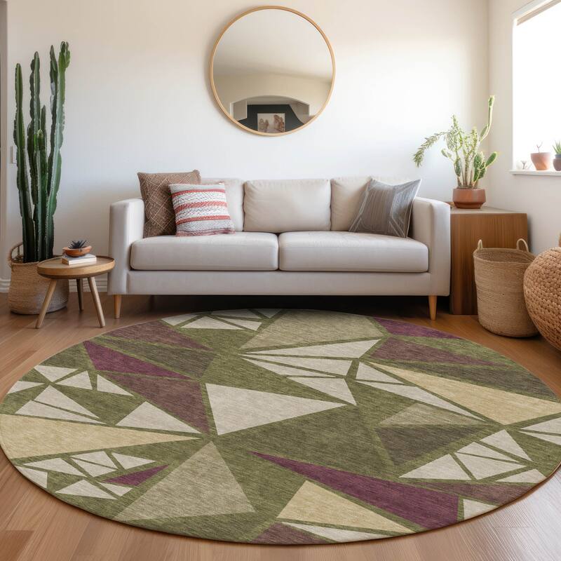Machine Washable Indoor/ Outdoor Abstract Mosaic Chantille Rug - Olive - 8' x 8'