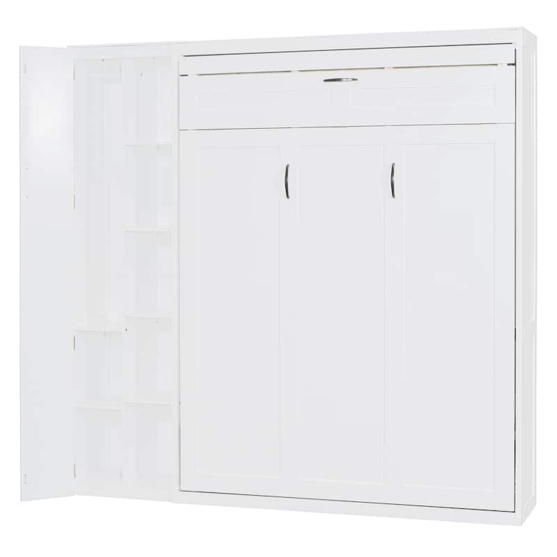 Full/Queen Size Murphy Bed Wall Bed with Small Wardrobe and LED Lights, Foldable Murphy Cabinet Bed with Storage Shelves