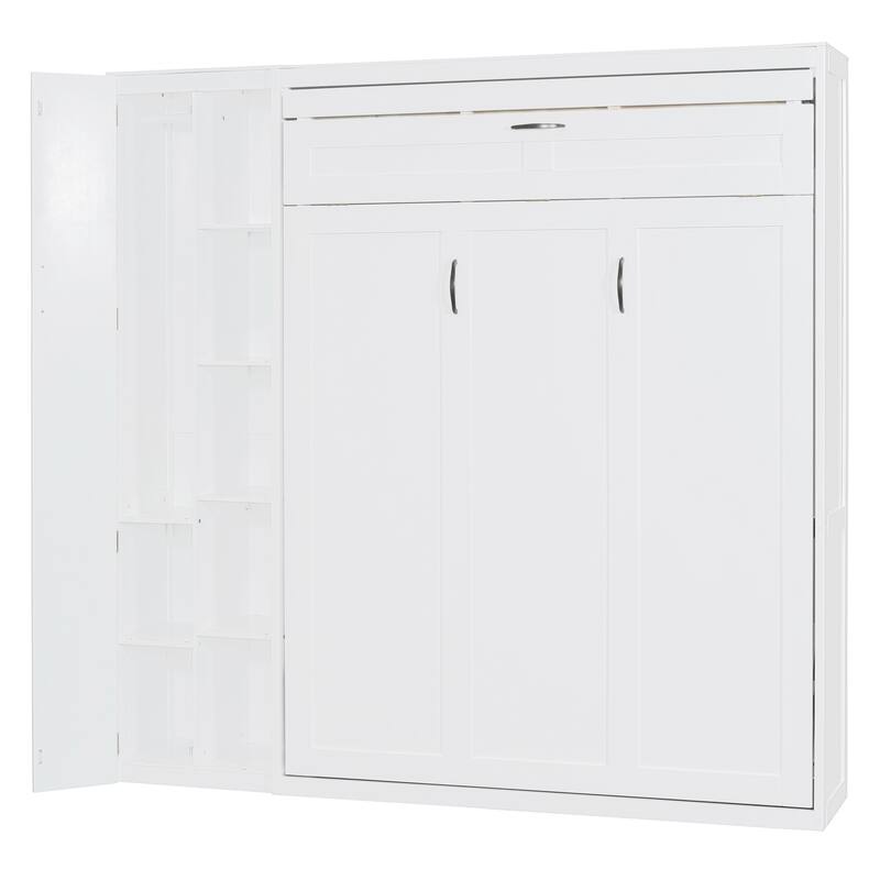 Space-Saving White Murphy Bed with Shelves, Wardrobe & LED Lights - Full Size