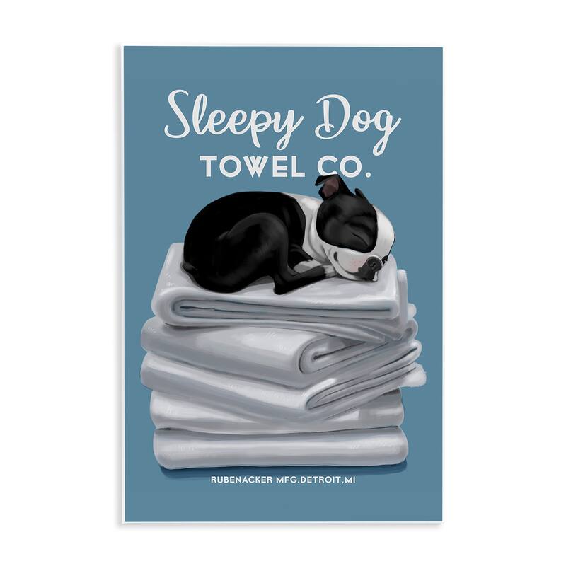Stupell Sleepy Dog Towel Co. Adorable Boston Terrier Bathroom Wood Wall Art, 10 x 15 - Blue
