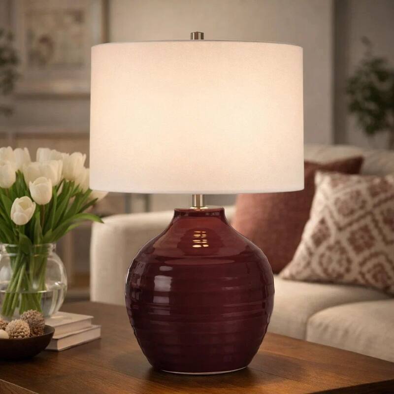 Table Lamp, Round Linen Shade, Ruby Red Textured Round Ceramic, 23 Inch