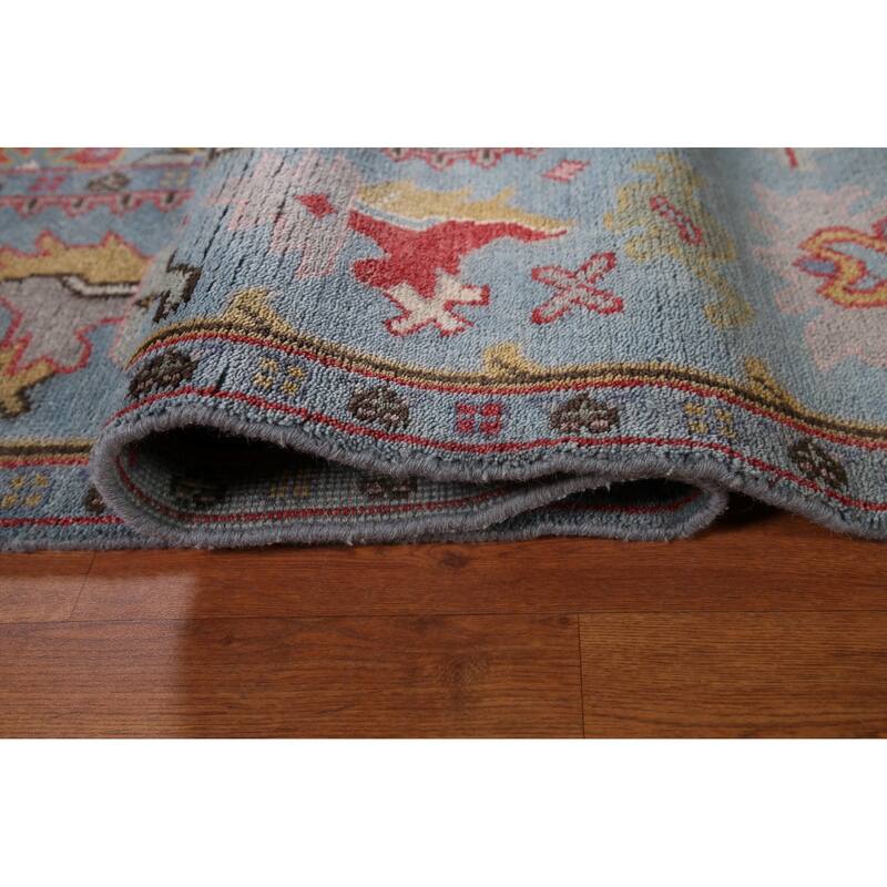 Transitional Blue Oushak Oriental Area Rug Handmade Floral Wool Carpet - 8'1"x 9'6"