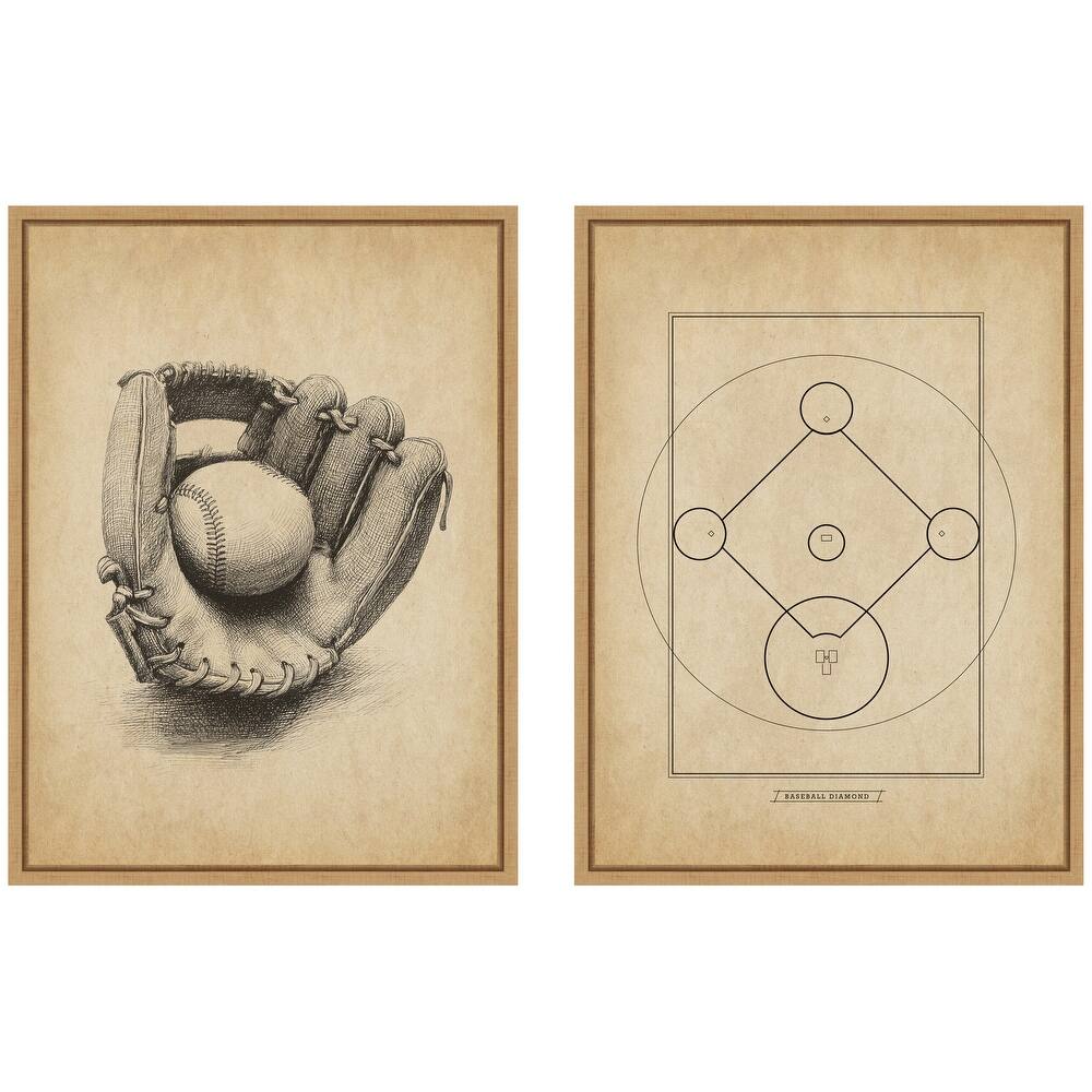 Kate and Laurel Antique Baseball 2 Piece Framed Canvas Wall Art Set by The Creative Bunch Studio