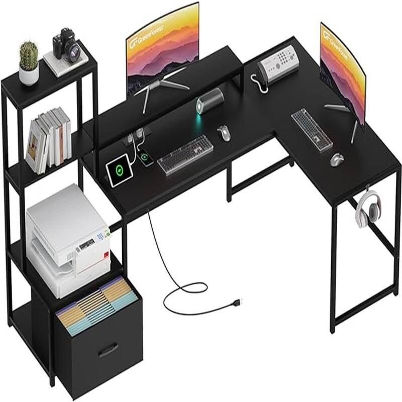 Shaped Desk with Power Outlets - 18.89"D x 70.07"W x 29.52"H