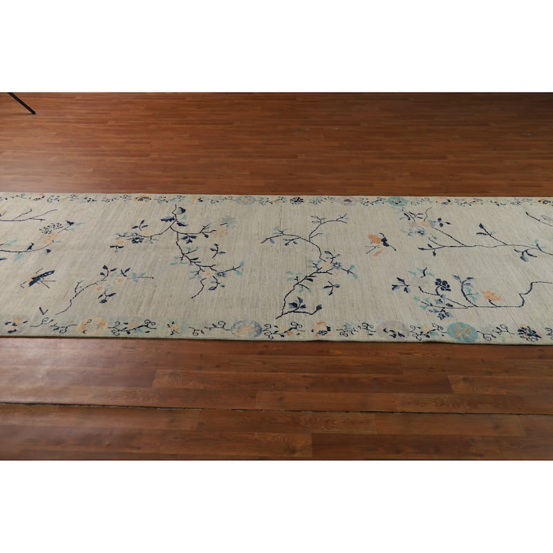 Hand Knotted Oriental 100% Wool Carpet Traditional Floral Beige & Ivories Art Deco Runner Rug - 14' 4'' X 4' 0''