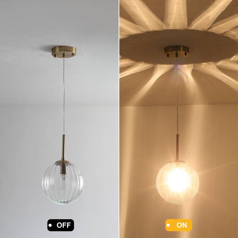 1-Light Brushed Gold Pendant Lighting with Clear Ribbed Glass Shade