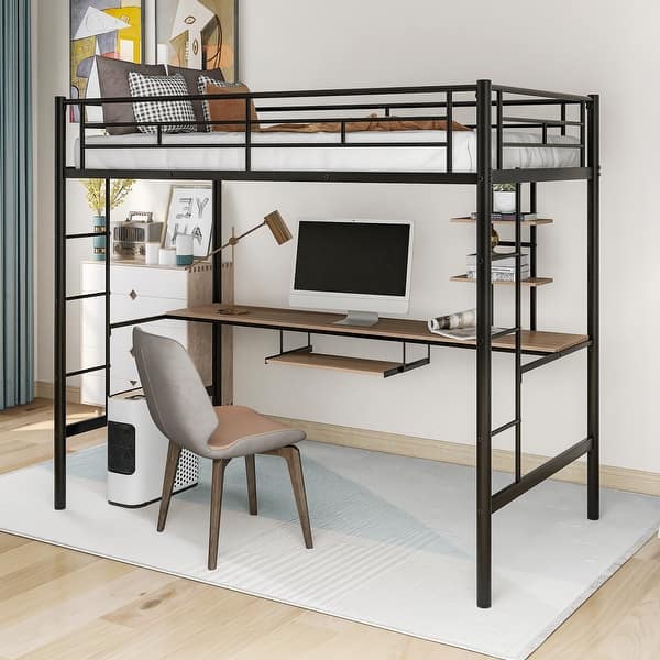 slide 2 of 12, Black Twin Size Metal Loft Bed with Desk and Shelf , Space Saving Design for Kids, Bedroom Twin - Black