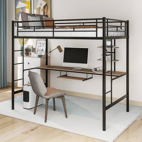 slide 2 of 12, Twin Loft Bed with Desk and Shelves, Space-Saving Metal Frame, Ideal for Small Rooms, Functional Workspace Black