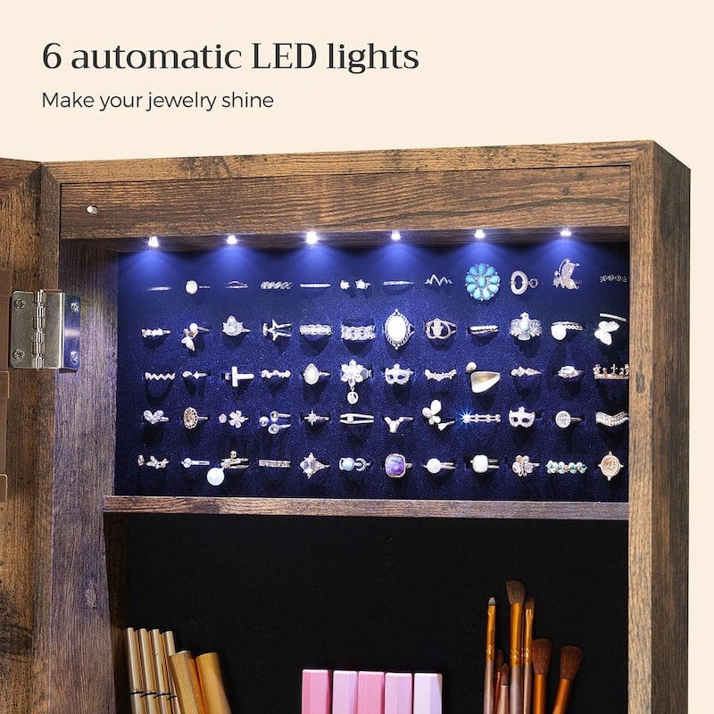 Rustic Brown Standing Lockable Mirror Jewelry Cabinet with 4 Wheels and 6 LED Lights