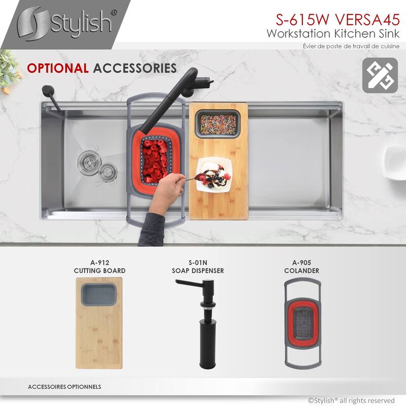 STYLISH 45 inches Ledge Workstation Single Bowl Undermount 16 Gauge Stainless Steel Kitchen Sink with Built in Accessories