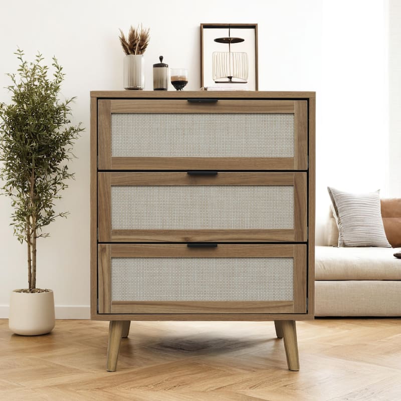 3 Drawer Cabinet, Suitable for bedroom, natural rattan and spandex silk,living room, study - Walnut