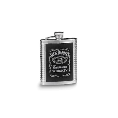 Jack Daniels Stainless Steel 6 Ounce Leather Inset Ribbed Flask