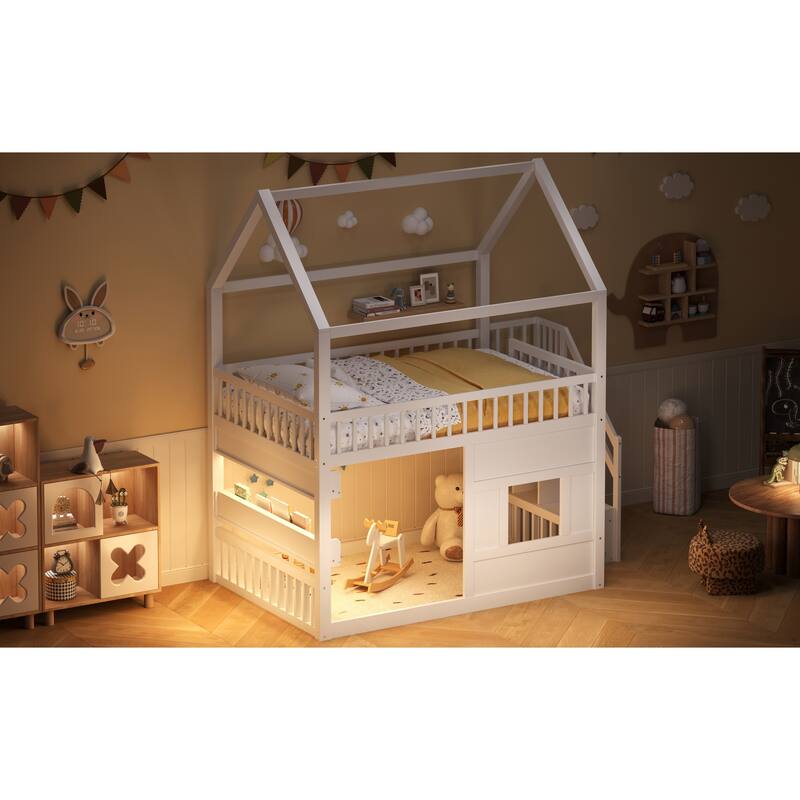 Roomfitters Full Size Wood House Loft Bed with Storage Stairs and Built-in Shelving, Modern Space-Saving Sleep Space