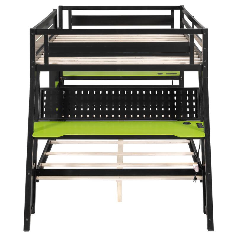 Roomfitters Full Size Bunk Bed with Two Built-In Gaming Desks, USB Ports and Pegboard