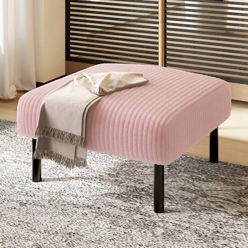 HOMEFUN Corduroy Upholstered Mid-century Modern Square Wood Frame Ottoman with Soft Padded Seat - Pink