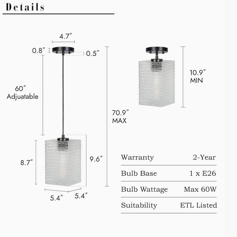 Modern Elegant 1-light Textured Glass Pendant Rectangular Shade Kitchen Island Light for Dining Room - 5.4“W × 9.6”H