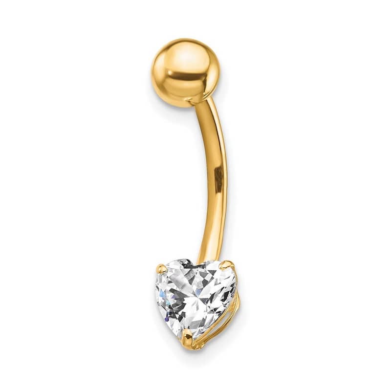 Curata 10k Yellow or White Gold 14g 6mm Heart Shaped Simulated Diamond Belly Ring Dangle Piercing - 6x22mm