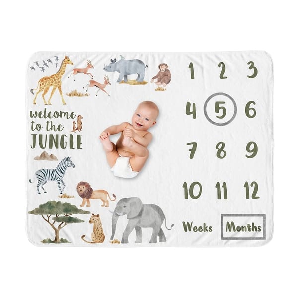 slide 2 of 6, Jungle Animals Baby Monthly Milestone Blanket Hunter Green Black and White Safari Elephant Giraffe Lion Monkey Leopard Cheetah