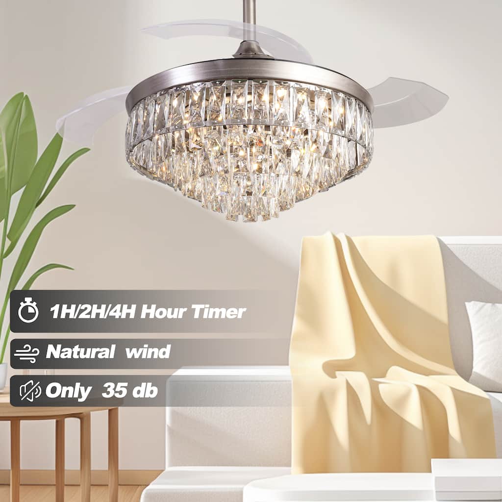 42" Invisible Ceiling Fan Chandelier Light, Crystal Ceiling Fan Light with Remote Control and 3 Retractable Blades