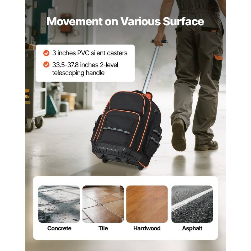 Rolling Tool Backpack with 45 Pockets and Wheels for Tools Storage - 17.3 x 9.84 x 18.89 in