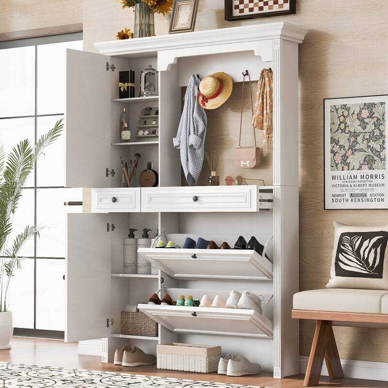Hall Tree with Integrated Shoe Cabinet and Mirrored Cabinet Door - White