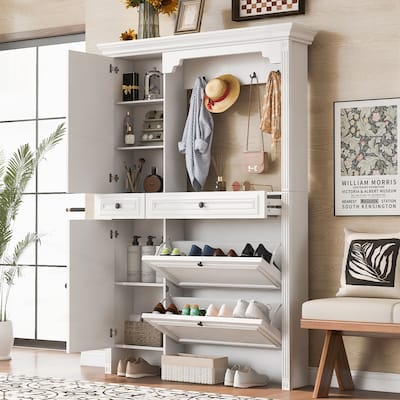 Hall Tree with Integrated Shoe Cabinet and Mirrored Cabinet Door
