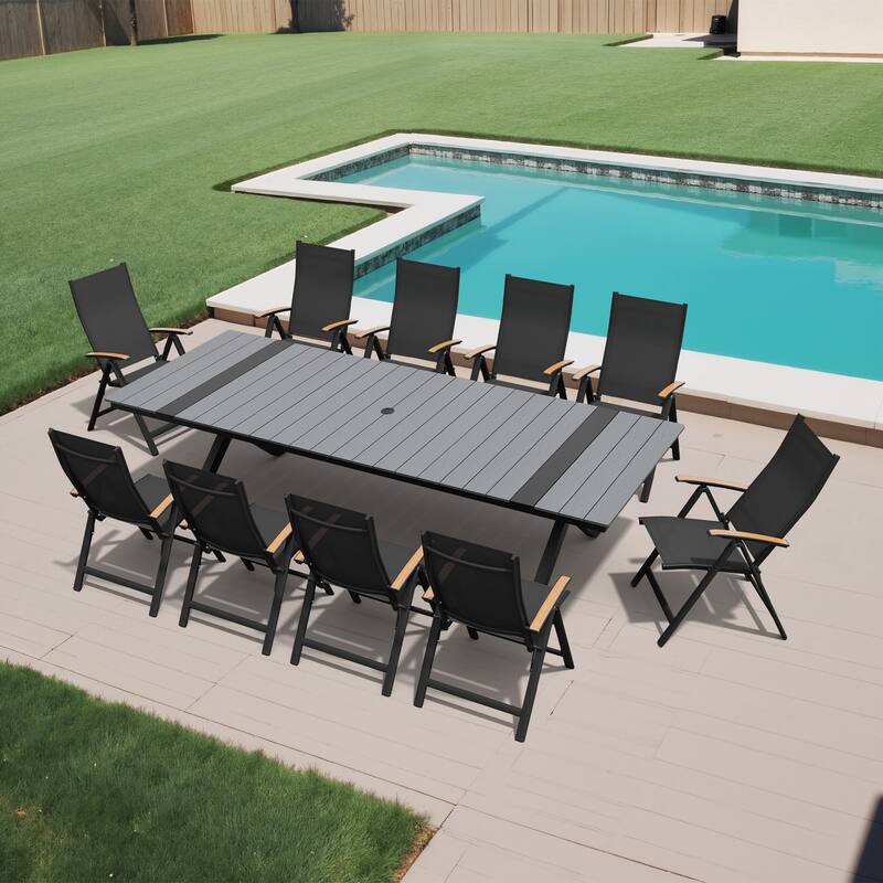 11-Piece Set Outdoor Aluminum Dining Table with Umbrella Hole and Foldable Chairs - Grey