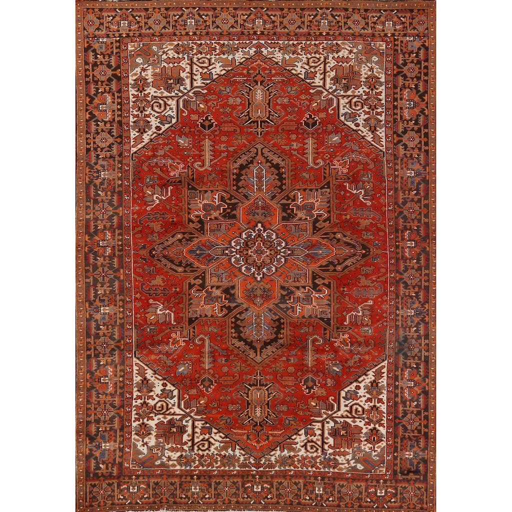 Hand Knotted Oriental 100% Wool Carpet Traditional Medallion Oranges & Rust Heriz Area Rug - 11' 7'' X 8' 4''