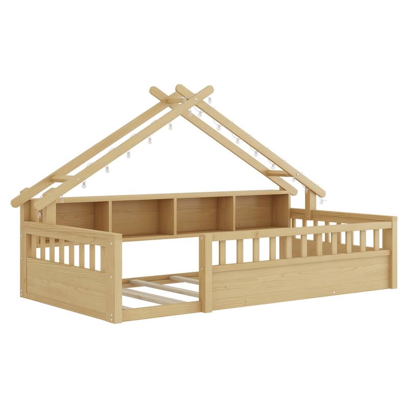 Twin/Full Floor Bed with Storage Bookshelves & Roof Shape for Kids