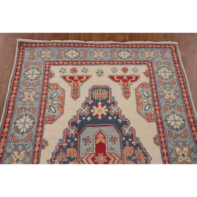 Ivory Geometric Kazak Foyer Rug Handmade Wool Carpet - 3'6" x 5'3"
