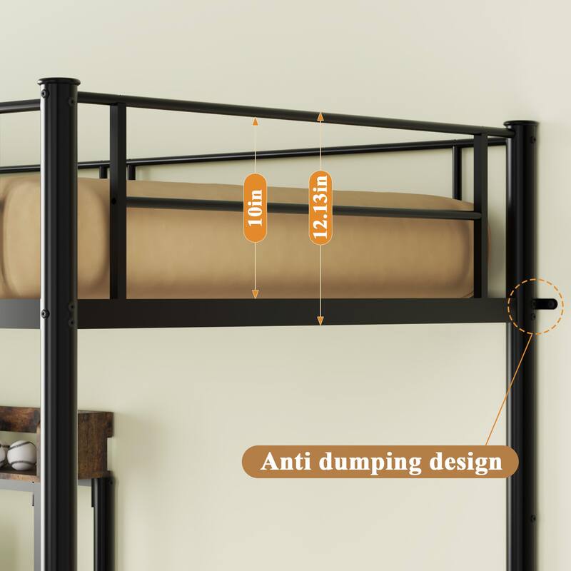 Roomfitters Twin Over Twin Bunk Bed with L-Shaped Desk, Charging Station, Storage Shelves & Safety Guardrails, Black
