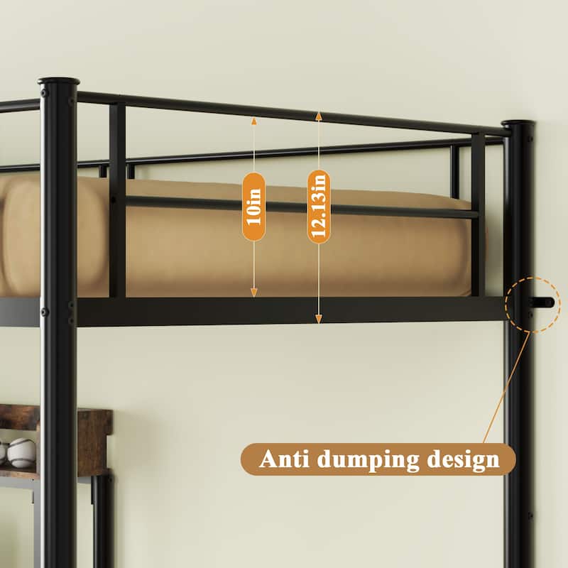 Twin over Twin L-Shaped Bunk Bed with Desk, Charging Station, Storage Shelves & Safety Guardrail