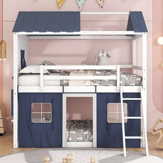 Playhouse Design Full over Full Wood Bunk Bed with Elegant and Elaborated Windows, Sills and Tent, Space-saving, Blue+White