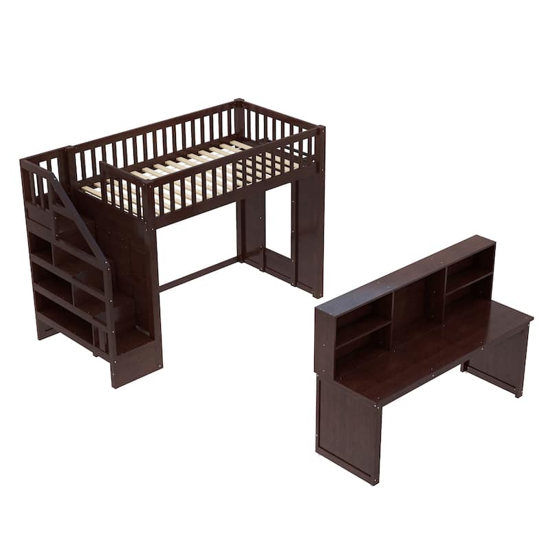 Roomfitters Loft Bed with Movable Desk and Storage Stairs, Solid Wood Workstation