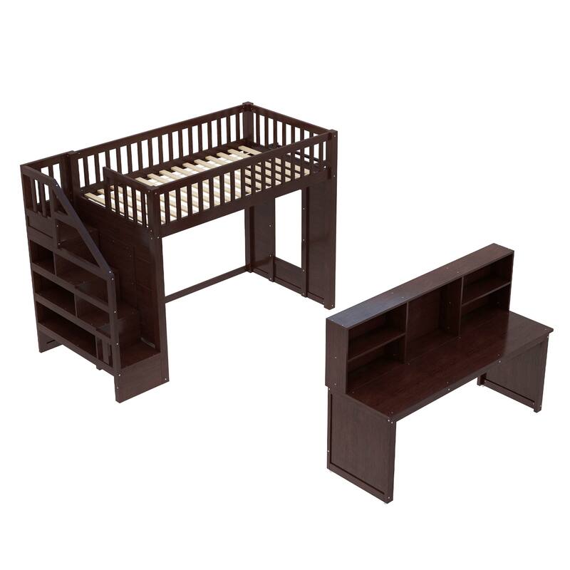 Twin Size loft bed with movable desk and storage shelf, featuring storage stairs