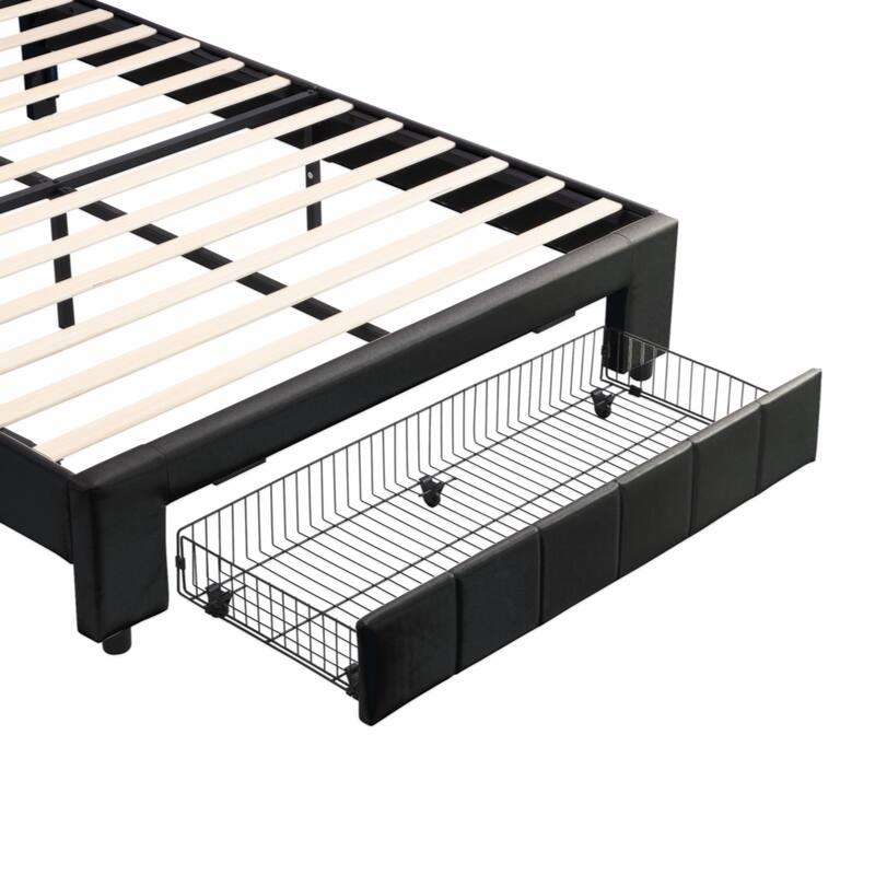 Upholstered Platform Bed with LED Lights and Two Motion Activated Night Lights,Queen Size Storage Bed with Drawer