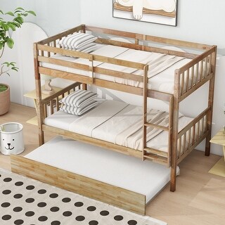 Twin Over Twin Rubber Wood Bunk Bed with Trundle, Convertible into 2 Twin Size Beds,with Ladder and Safety Guardrails