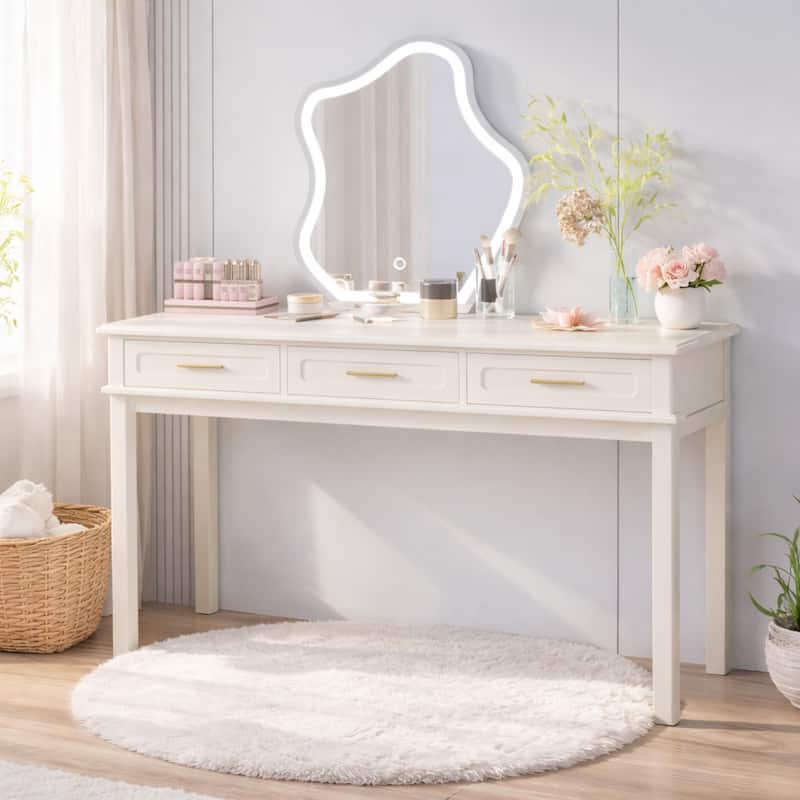 Cream White Vanity Desk with 3 Drawers, Modern Makeup Table or Writing Desk, Multipurpose Dressing Table, No Mirror Included - Cream White