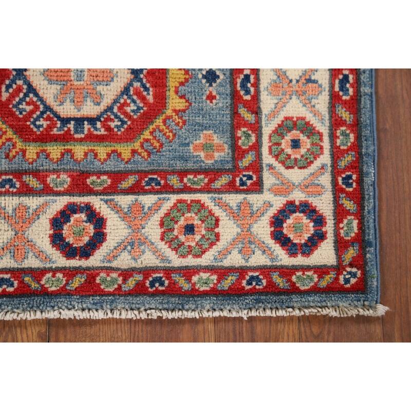 Hand Knotted Oriental 100% Wool Carpet Traditional Geometric Navy Blue & Blues Kazak Area Rug - 3' 0'' X 2' 0''