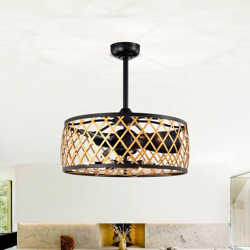 Annas 25 Inch Matte Black and Gold cage Finish Ceiling Lighted Fandelire with Remote